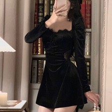 Women Short Velvet Dress Long Sleeve Lace Splice Tunic Low Cut Clubwear Sexy New