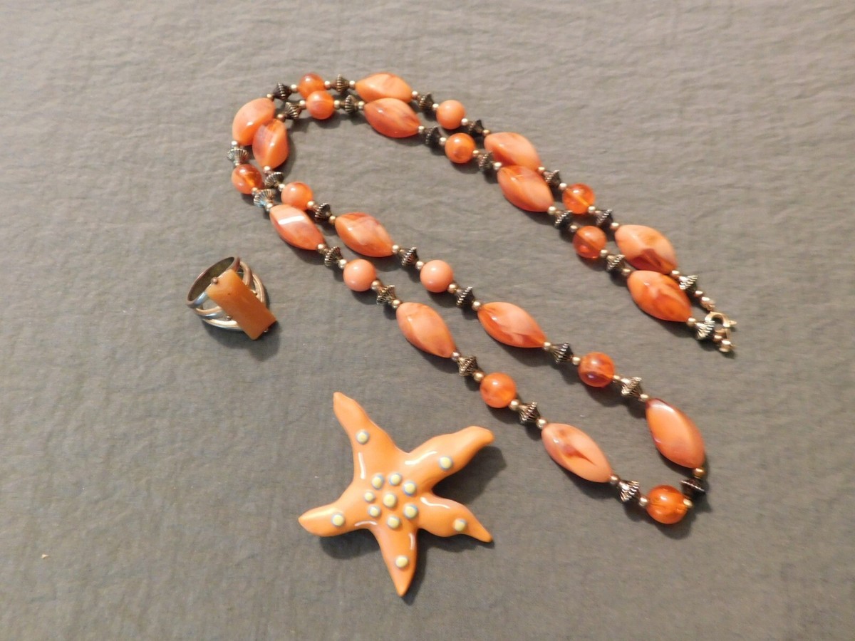 Vintage beaded necklace, starfish pin, stone ring set, burnt