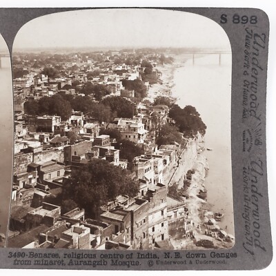 Varanasi India & Alamgir Mosque Stereoview c1905 Skyline Bridge & River F1024