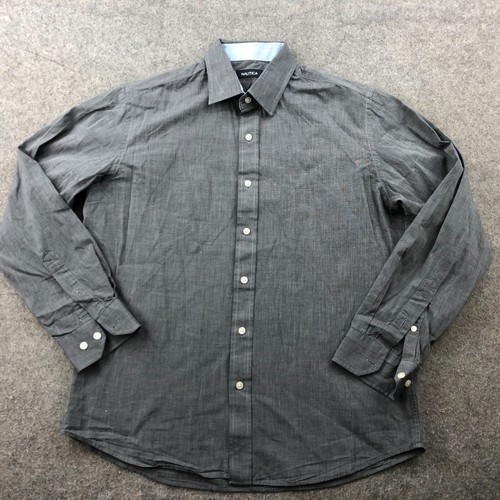 Nautica, Vintage Nautica Shirt Men Large Gray Solid Long Sleeve Button Up Casual