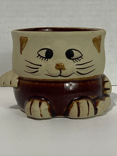 VINTAGE Cat Kitten 3D Stoneware Pottery Mug Cup Mid Century Hand Thrown A3