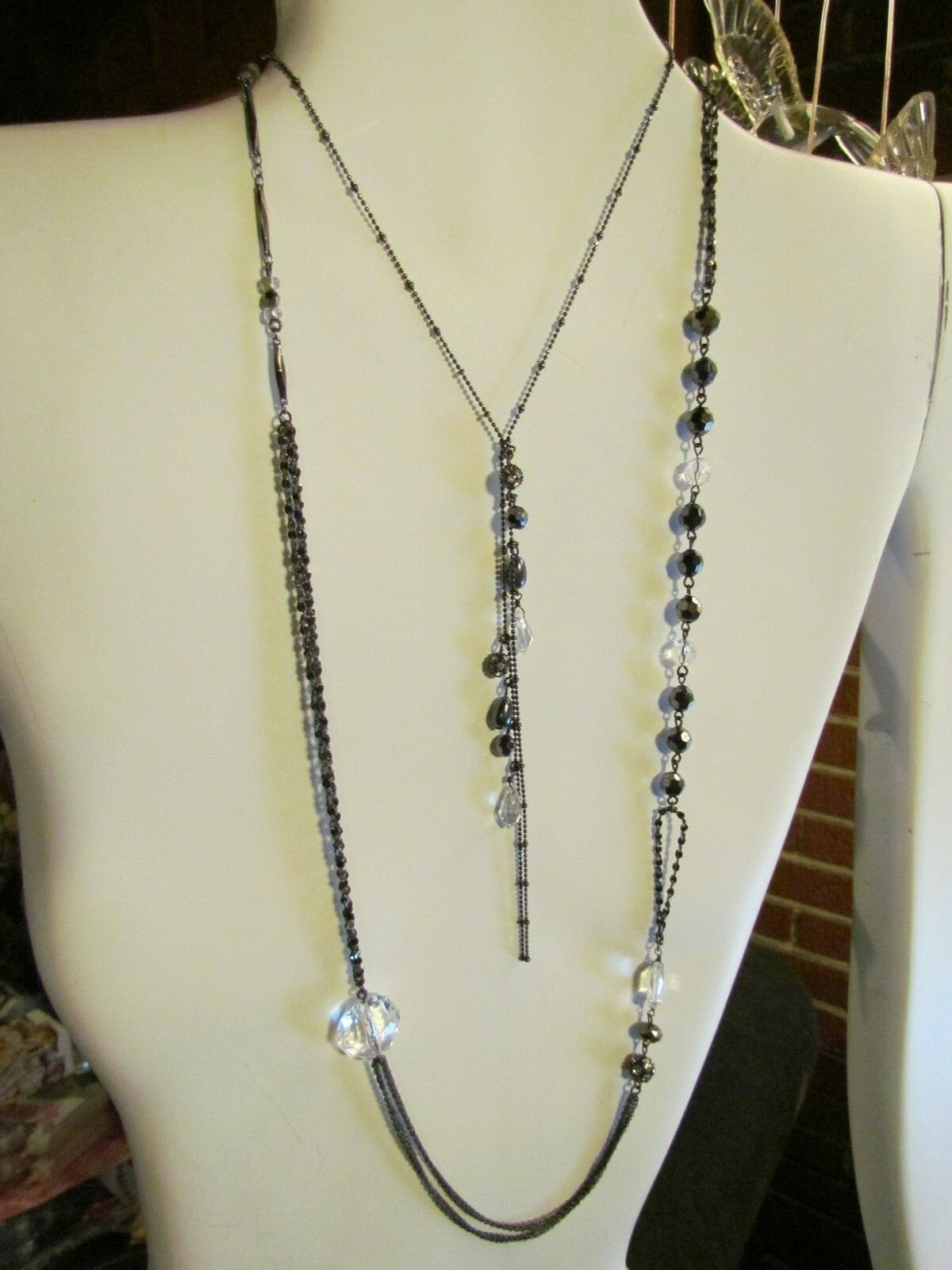 Flapper Style Necklace Black Bead Multi Chain DISCO BALL Hippie Dangle Necklace