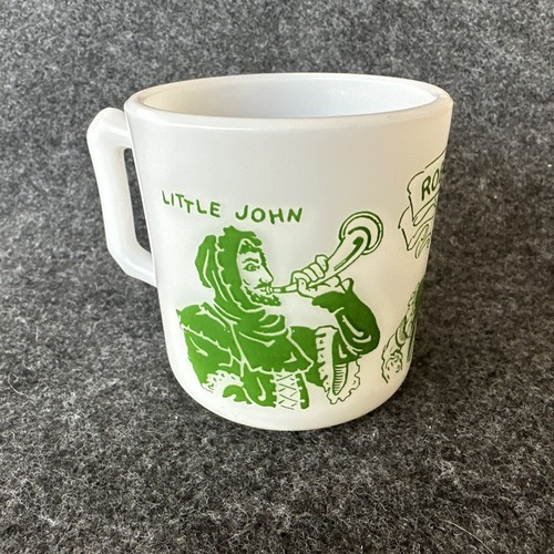 1950'S ROBIN HOOD Hazel Atlas Milk Glass Handled Mug 3" White Green Vintage - Picture 8 of 20