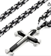 Collana con ciondolo croce nera argento da uomo in acciaio inox catena bizantina 24''