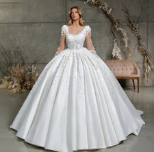 Elegant Satin Scoop Ball Gown Wedding Dresses Full Sleeves Beading Pearls