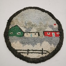Antique Hand Made Hooked Rug Folk Wall Art Mountain Scene 10 inch