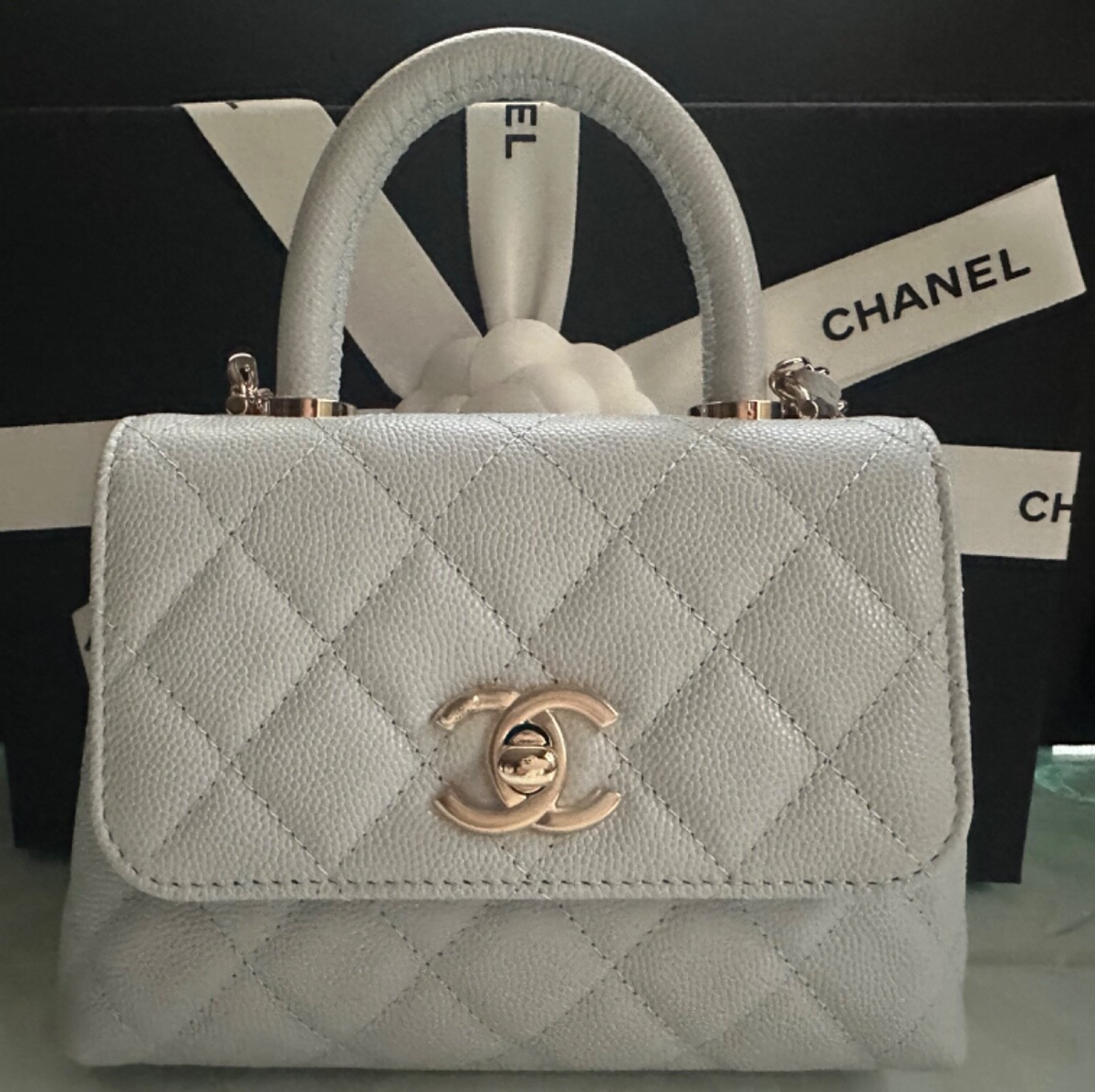 New 24K CHANEL Mini Nano Coco Handle Flap Caviar Grey Lt Blue Bag