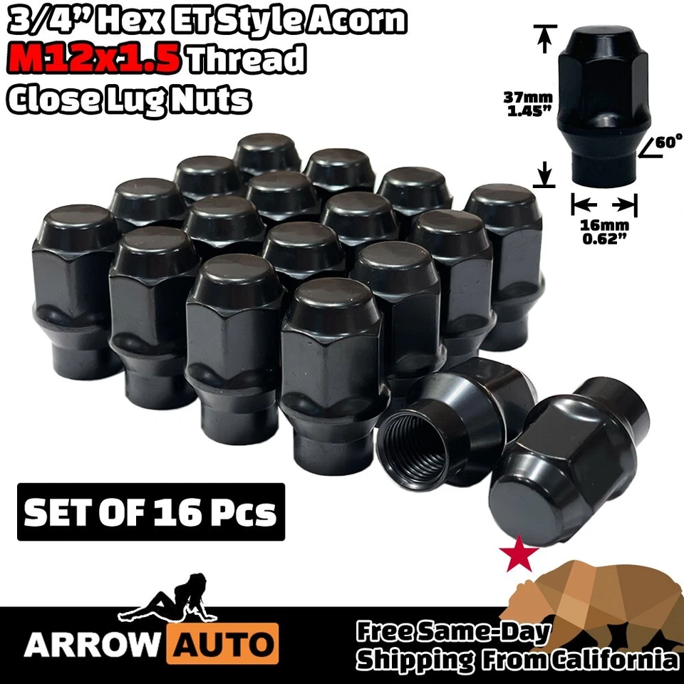 16x 1.45" Black M12x1.5 Extend type Lug Nuts 3/4" Hex Fit Chevy Ford Mercury - Image 2 of 4