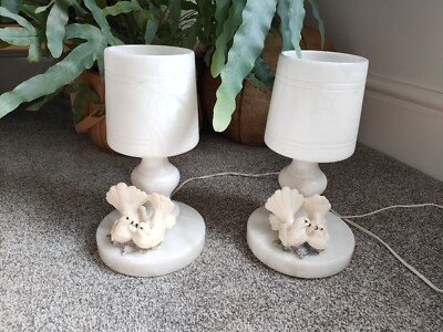 Paar alte und seltene Alabaster Lampe Deko Romantik Taube X2 ungeprüft 