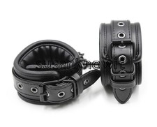 Black Real Leather Binding Neck Collar Ankle Wrist Cuffs Handcuffs Restraints