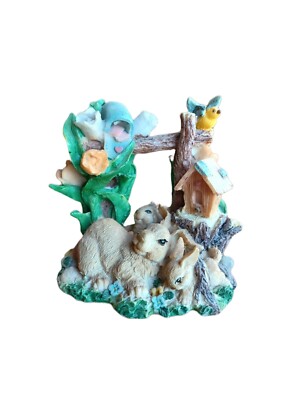 Ceramic Brown Bunny Rabbit Figurine With Fence And Bird House Vintage READ