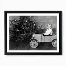 Boy With Toy Car, Christmas, Vintag Framed Wall Art Poster Canvas Print Picture