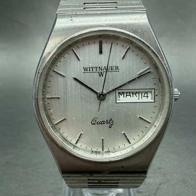 Wittnauer Watch Men 34mm Silver Dial Silver Tone Daydate Round READ!!!!!! NewBat