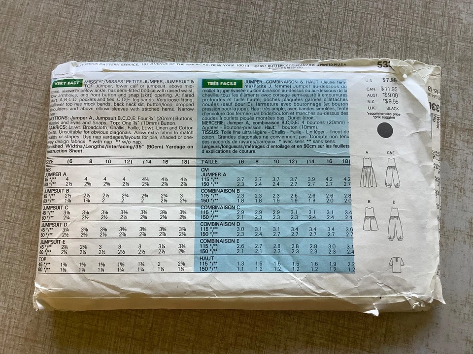 Butterick SEWING PATTERN 5330 Misses JUMPSUIT JUMPER & TOP Sizes 14-16-18 UNCUT - Image 2 of 3