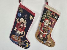 Vintage Wool Velvet Needlepoint Santa and Nutcracker Christmas Stockings