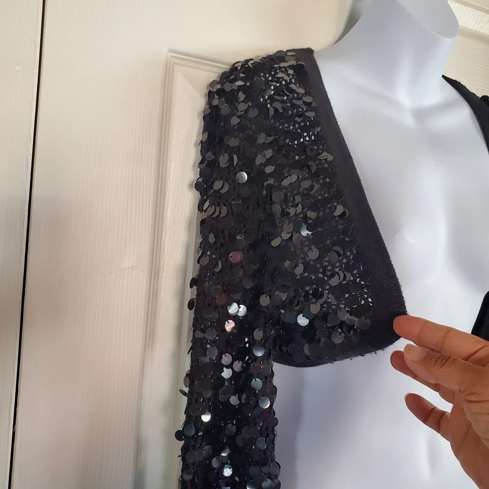 Bolero Cejón Lentejuelas Encogerse de hombros Corto Mangas Campana Largas Talla Abierta Mediana Grande Negro Foto 3 de 4