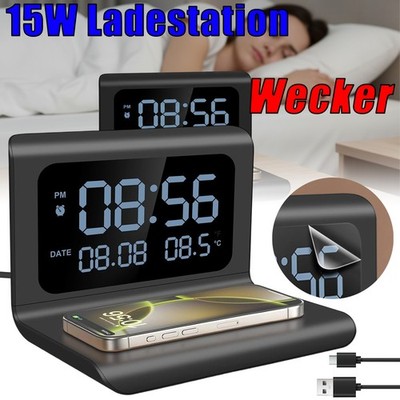 Digital Wecker Mit Thermometer 3 in1 Kabelloses Ladegerät Abnehmbar Wireless