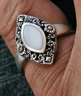 925 NF Stamped: Vintage; Mother Of Pearl Marcasite Sterling Silver sz 8.25 Ring — photo 1