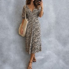 Faithfull The Brand NWT Marie Louise Animal Zebra Print Midi Puff Sleeve Dress 
