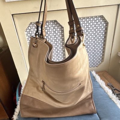 David Jones Beige Brown Shoulder Bag Zip Closure Lined Inner Pockets Gold