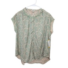 NEW Joie Green Pink Paisley Scallop Edge Feminine Button Up Blouse Size XL