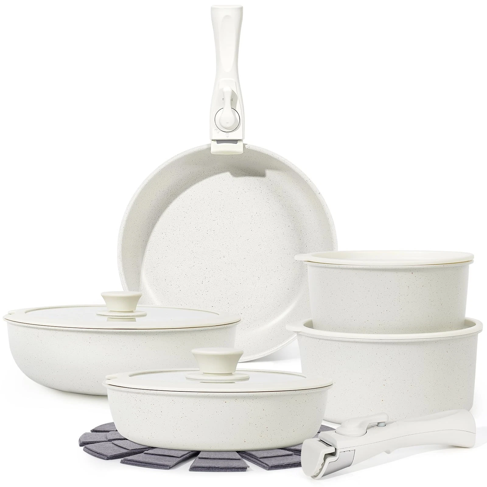 15 Piece Nonstick Cookware Set Space Saving Removable Handles Dishwasher Safe