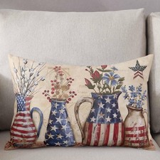 Patriotic American Flag Vase Pillow Cover Floral 4th of July Decor Cushion Case