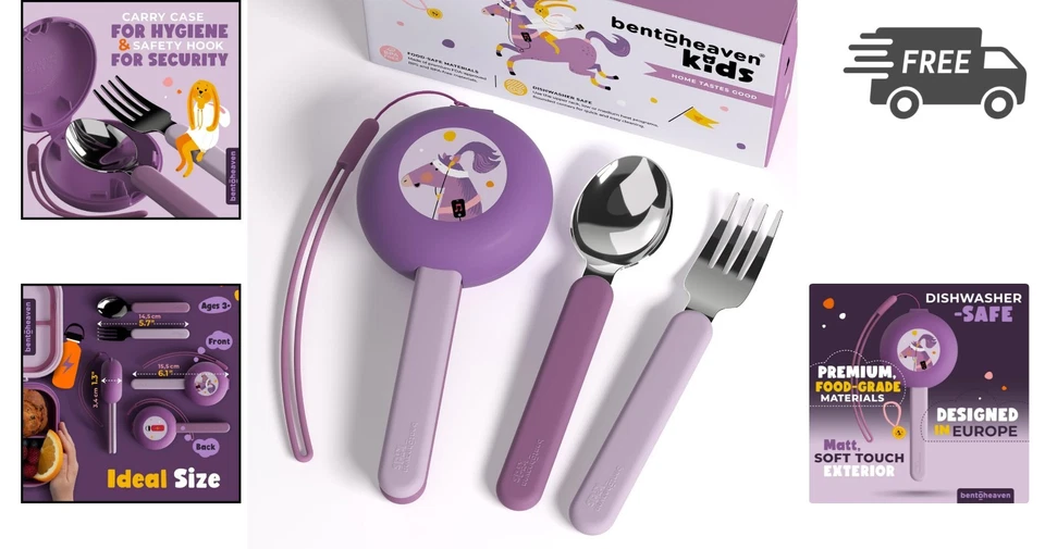 Juego de utensilios de viaje para niños con estuche de acero inoxidable sin BPA tenedor de plástico cuchara Foto 2 de 4