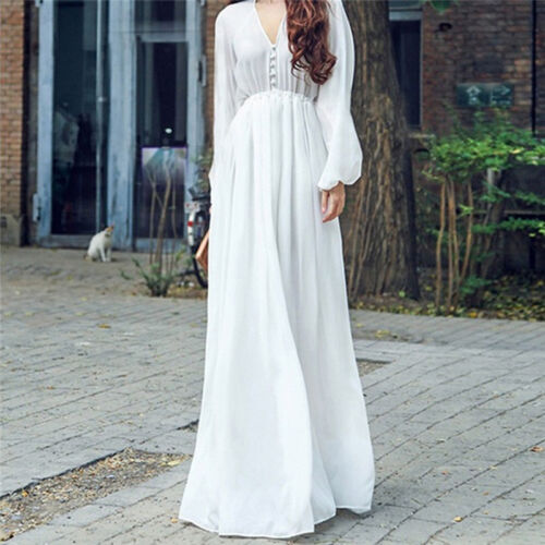 Women V-neck Long Sleeve Chiffon Maxi Dress Summer Casual Bohemian White Dresses - Picture 2 of 8