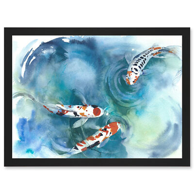 Japanische Koi Fische oberflächennah Teich weiß schwarz orange gerahmt A4 Wandkunstdruck