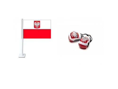 POLAND WITH EAGLE CAR FLAG & MINI BOXING GLOVES EURO/WORLD CUP SHIPS FROM USA