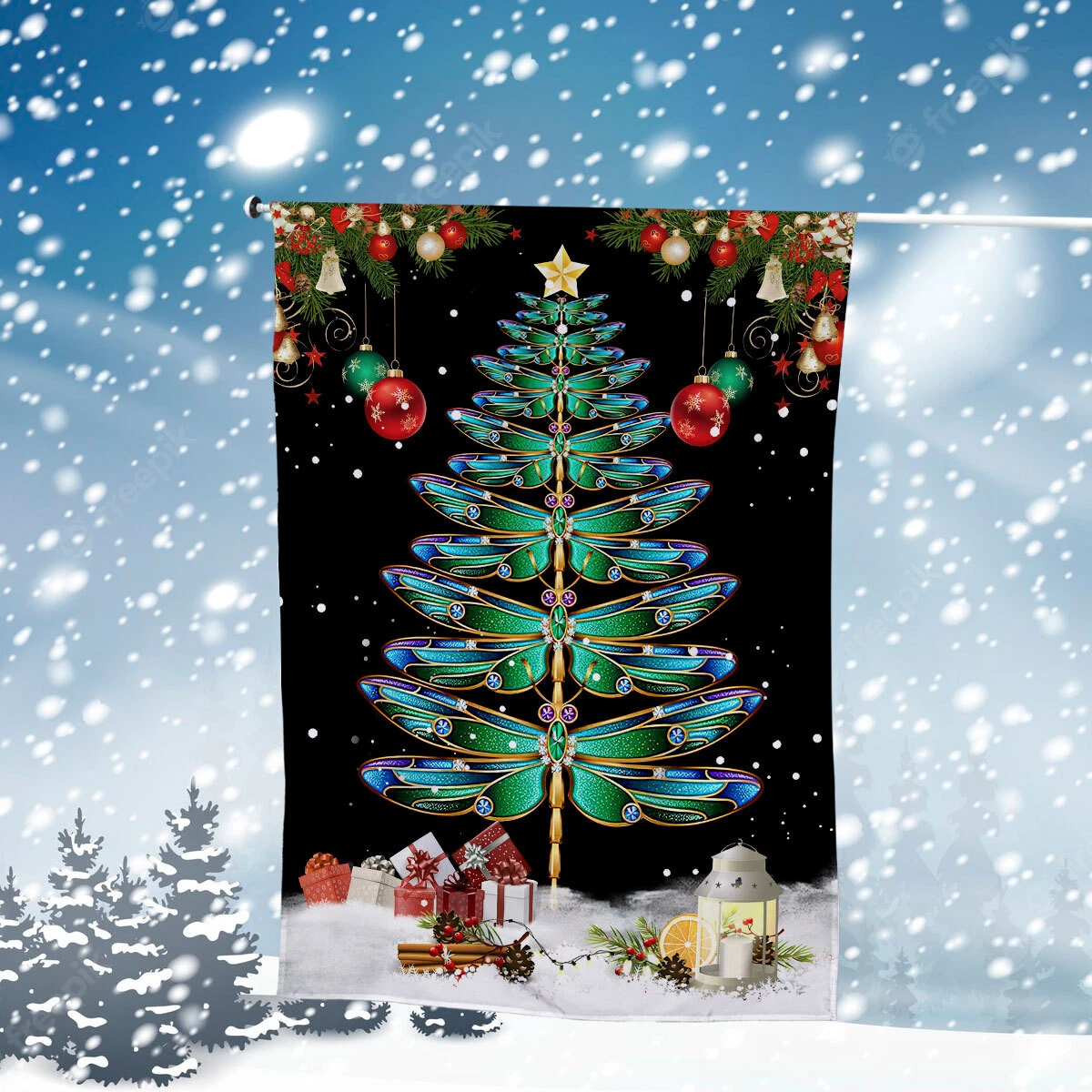 Dragonfly Merry Christmas Flag, Dragonfly Christmas Tree Lights Flag Gift