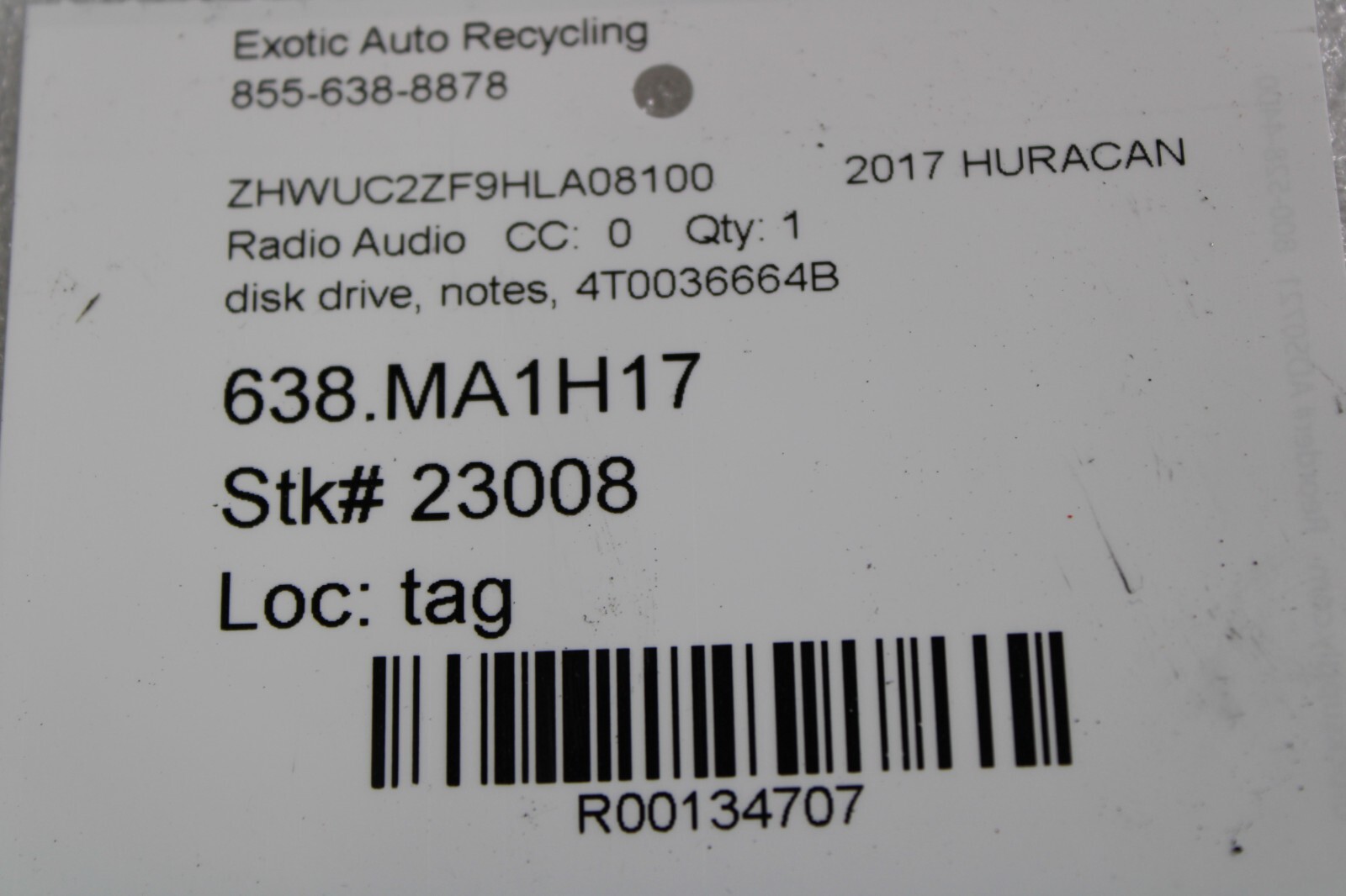 Lamborghini Huracan, LP610, 580, Disk Drive, Fire Dmg, Used, P/N 4T0035664B