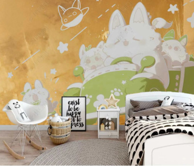 3D  Golden Cat Kart Star Kids Self-adhesive Removeable Wallpaper Wall Mural