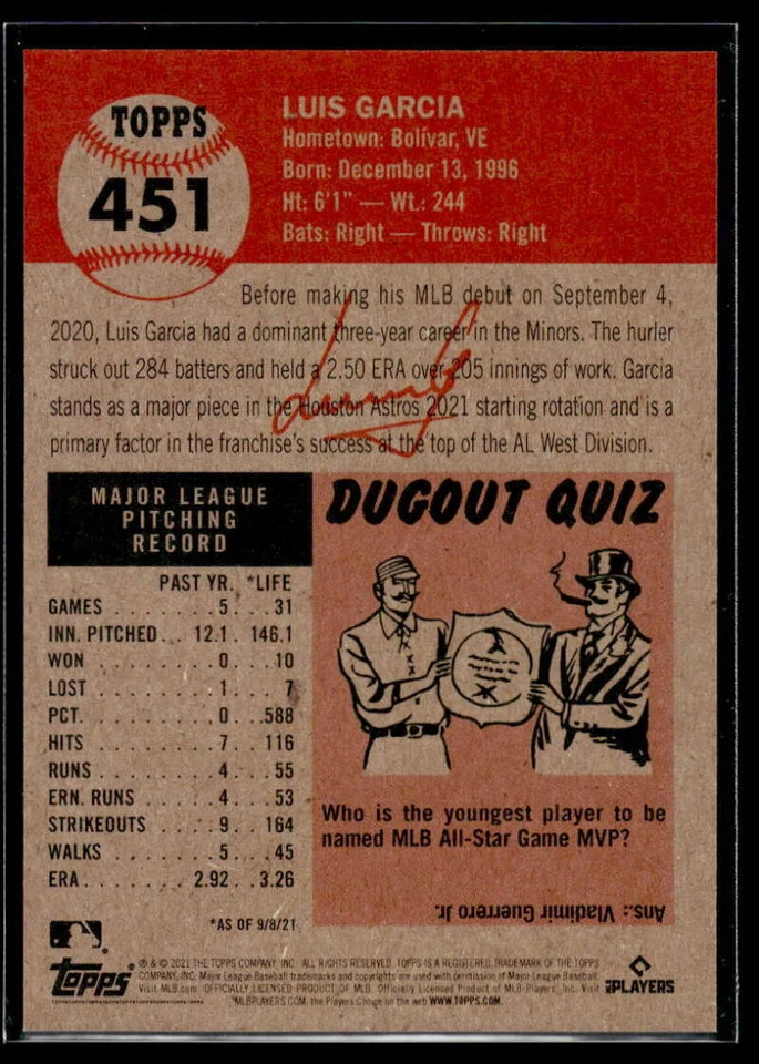 Luis Garcia 2021 Topps Living Set #451 RC Astros - Image 2 of 2