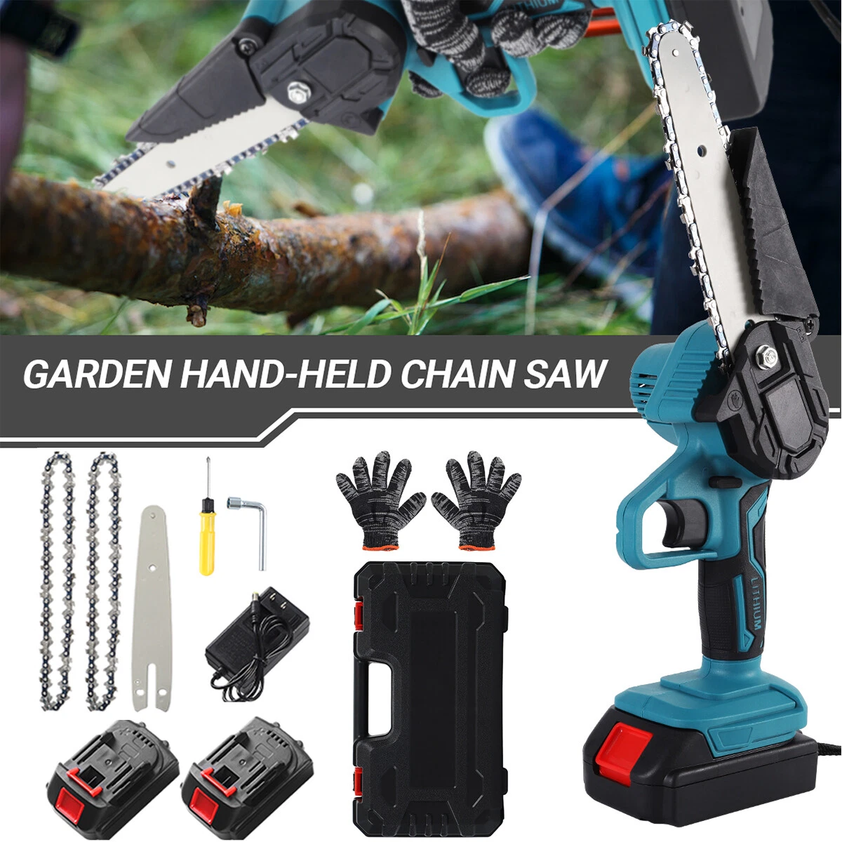 6inch Mini Handheld Electric Chainsaw Cordless Chain Saw w 2