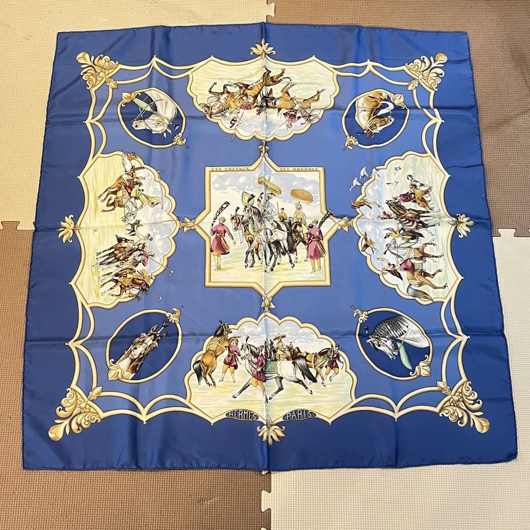 Hermes Carre 90 Silk Scarf Blue/White Excellent Used No Box Auth 90cm