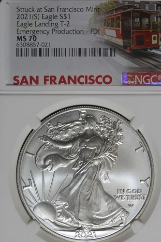 2021 S NGC MS70 LANDING T-2 EMERGENCY PRODUCTION AMERICAN SILVER EAGLE #B51995