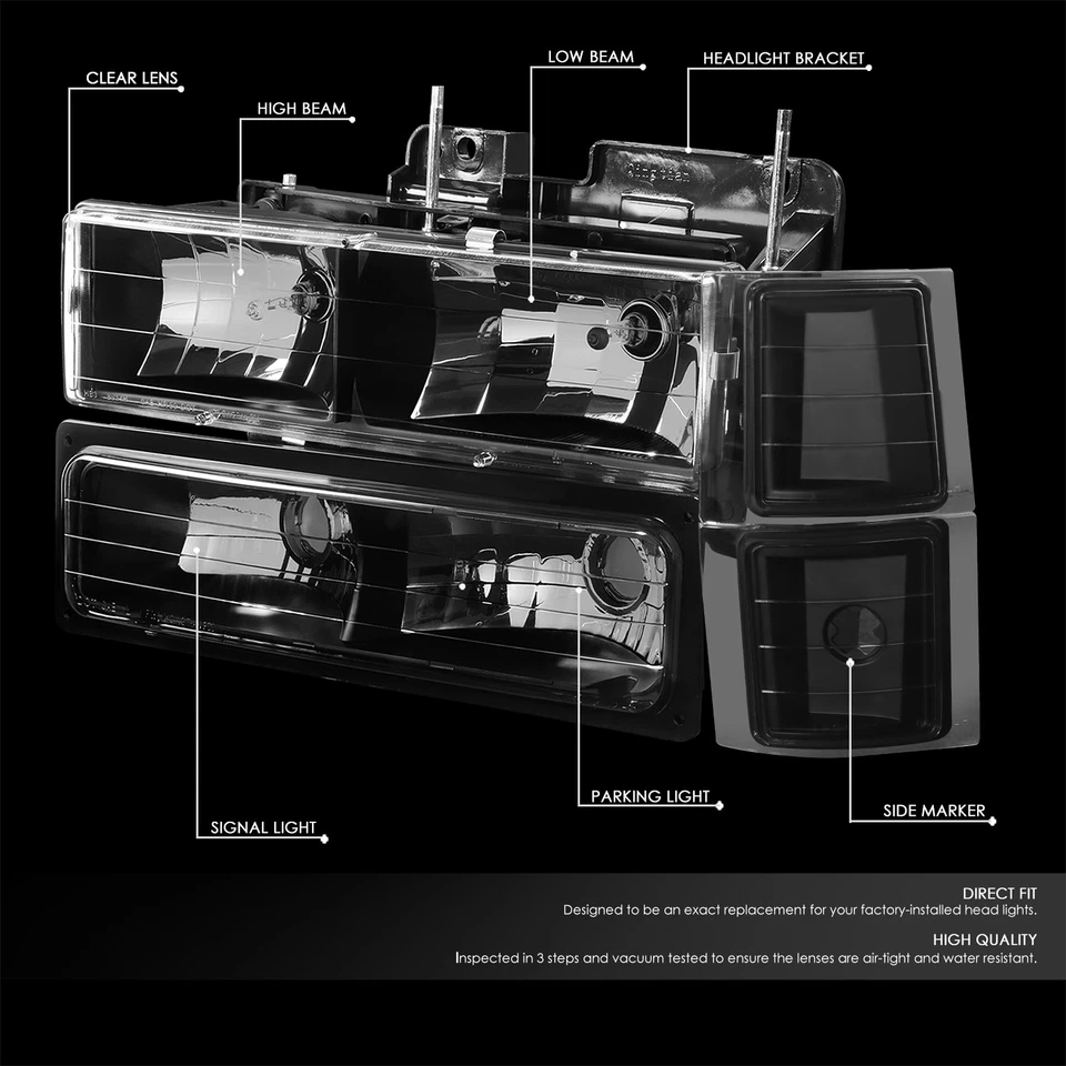 适用于 1994 - 1999 年雪佛兰 C/K 1500 2500 3500 车头灯+保险杠角信号灯黑色 — 第 2/4 张图片