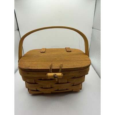 Longaberger 1987 Vintage Handwoven Small Wood Lid Basket with Handle Made in USA