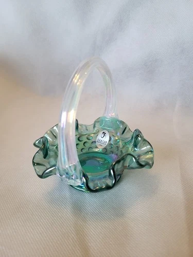 Fenton Green Iridescent Glass Mini Basket With White Iridescent Striped Handle