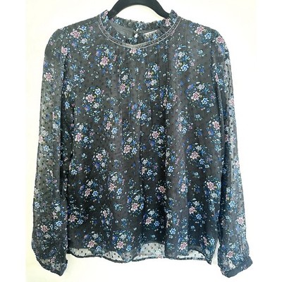 LOFT Floral Clip Dot Blouse Small Black Ruffle Neck Long Sleeve Sheer Cottage