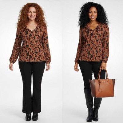 Bobeau Ruffled V-Neck Boho Chic Floral Top 1X 2X? Brown Black Long Puff Sleeve