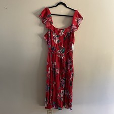 Old Navy Womn XXL Red Floral Tropical Ruffled Slub-Weave Tie-Belt Midi Dress NWT