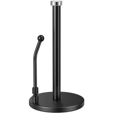 Paper Towel Holder Stand with Weighted Base & Spring Arm, Stainless Steel Black