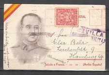 AE 84) Hiszpania 1938: Ciekawa mapa do Hamburga! PRO SEVILLA ! 2 skany!