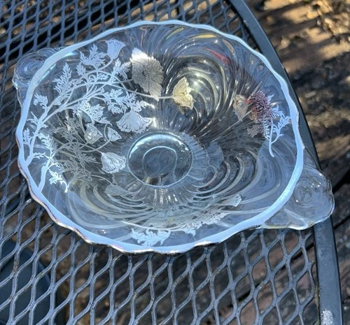 Sterling Overlay Crystal Footed Bowl•Silver City “Flanders” Floral Poppy•Ornate
