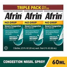 3 PACK - Afrin No Drip Severe Congestion Nasal Pump Mist 20 ml (Total 60 ml)**
