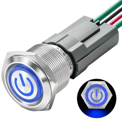 19mm Latching Push Button Switch 110-220V AC ON/OFF Blue LED Angel Eye 304 Stain