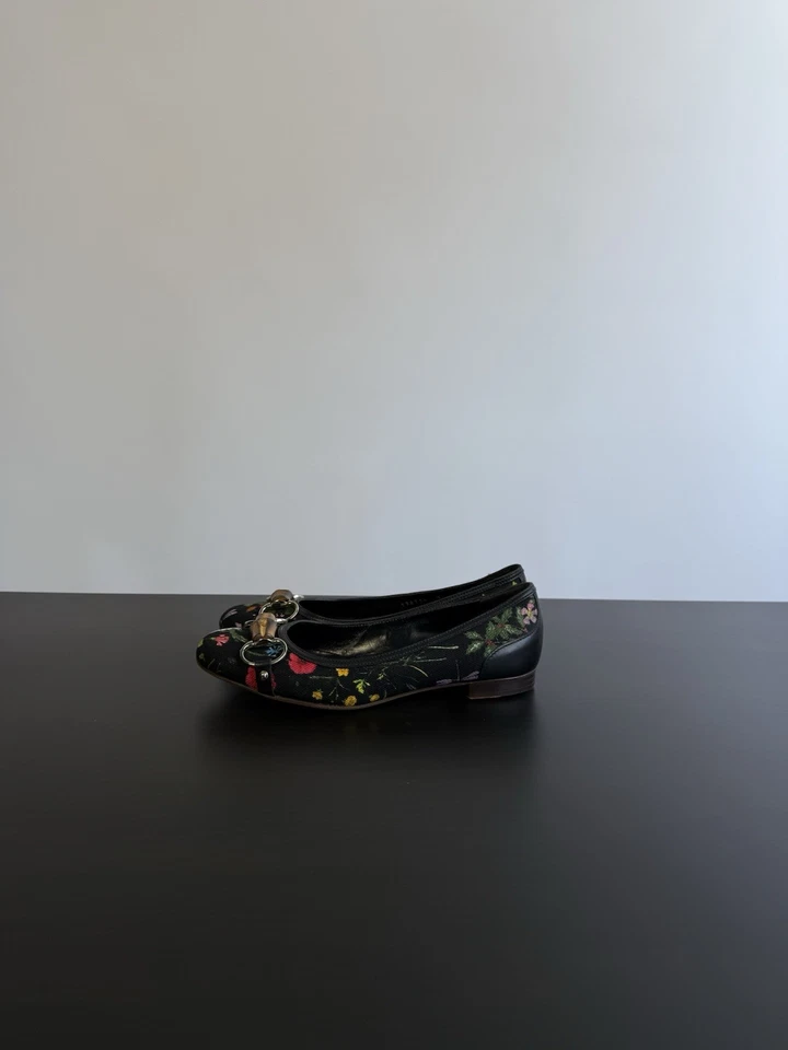 Zapatos planos de ballet Gucci Horsebit de bambú para mujer arte floral negros talla 37 C Foto 2 de 4